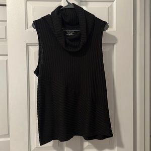 Black cowl neck short sleeve light sweater.